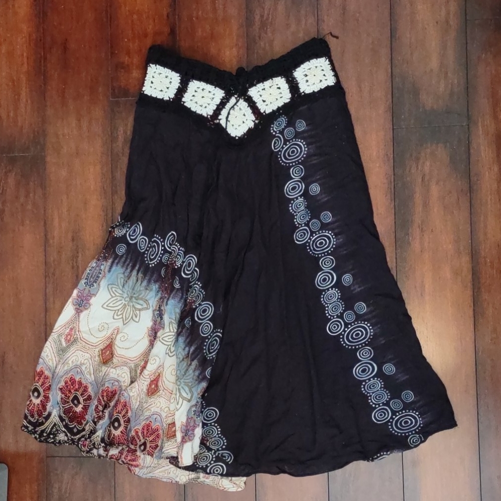 Crocheted Waist Black Patterned Maxi Skirt